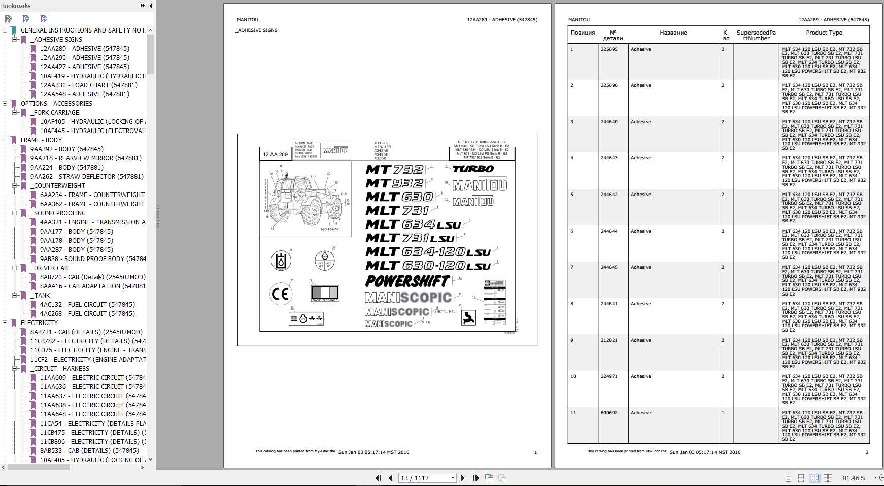 Manitou MLT 630 731 TURBO SB E2 Genuine Parts Catalogue 1