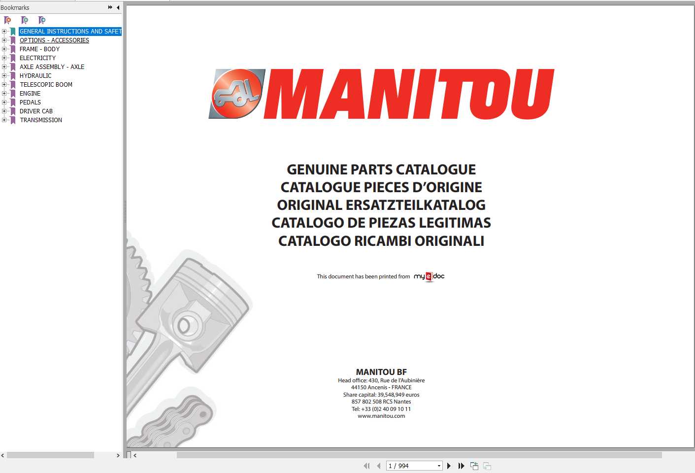 Manitou MLT 731 TURBO SB E2 Genuine Parts Catalogue 1