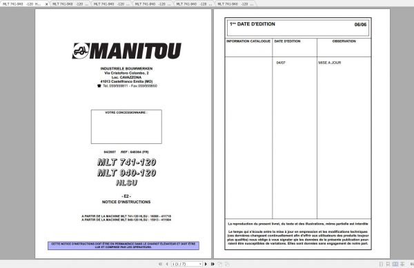 Manitou MLT 741 940 120 HLSU Instruction Manual 648364FR 1