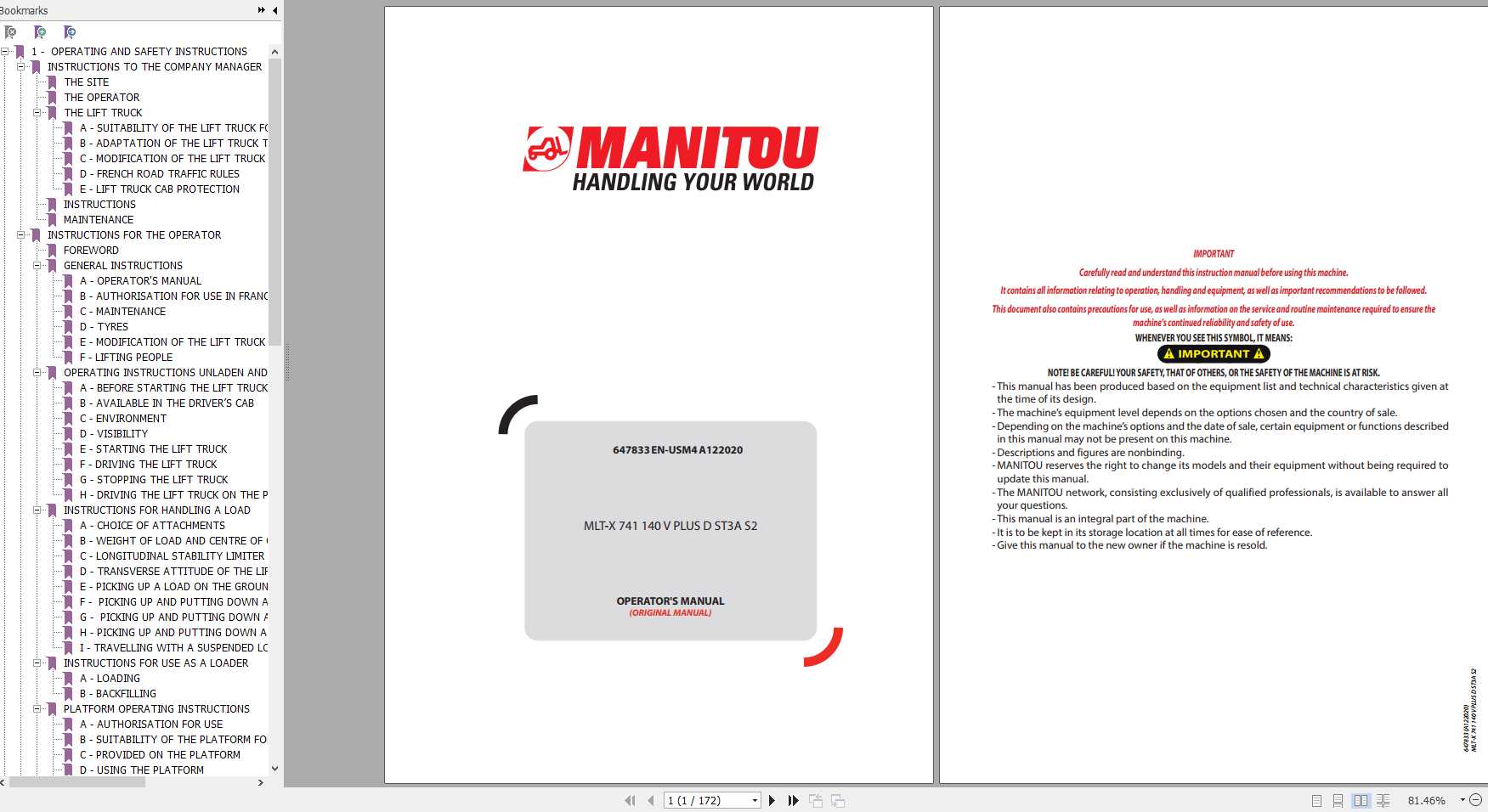 Manitou MLT X 741 140 V Plus D ST3A S2 Operators Manual 647833EN USM4 A122020 1