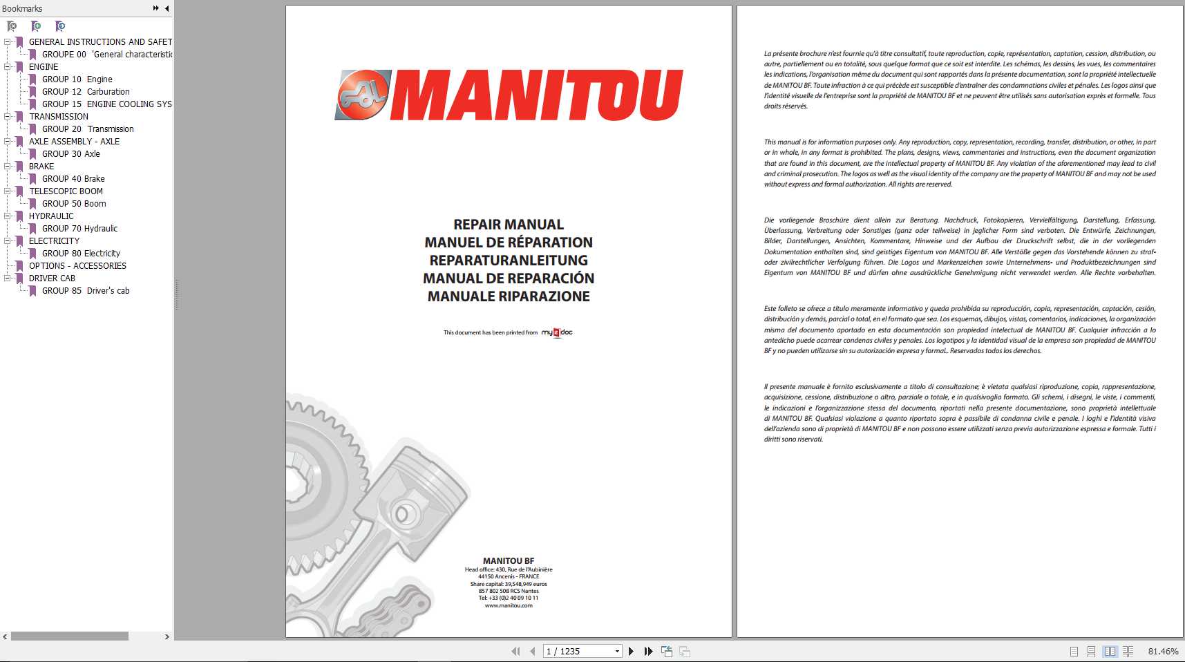 Manitou MLT1035 S3E2 MLT 630 634 731 SB SC E2 MT 7342 932 SB E2 Repair Manual 1