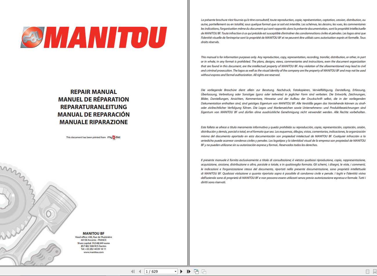 Manitou MLT523 MT523 TURBO MONO ULTRA SA Repair Manual 547824EN 1