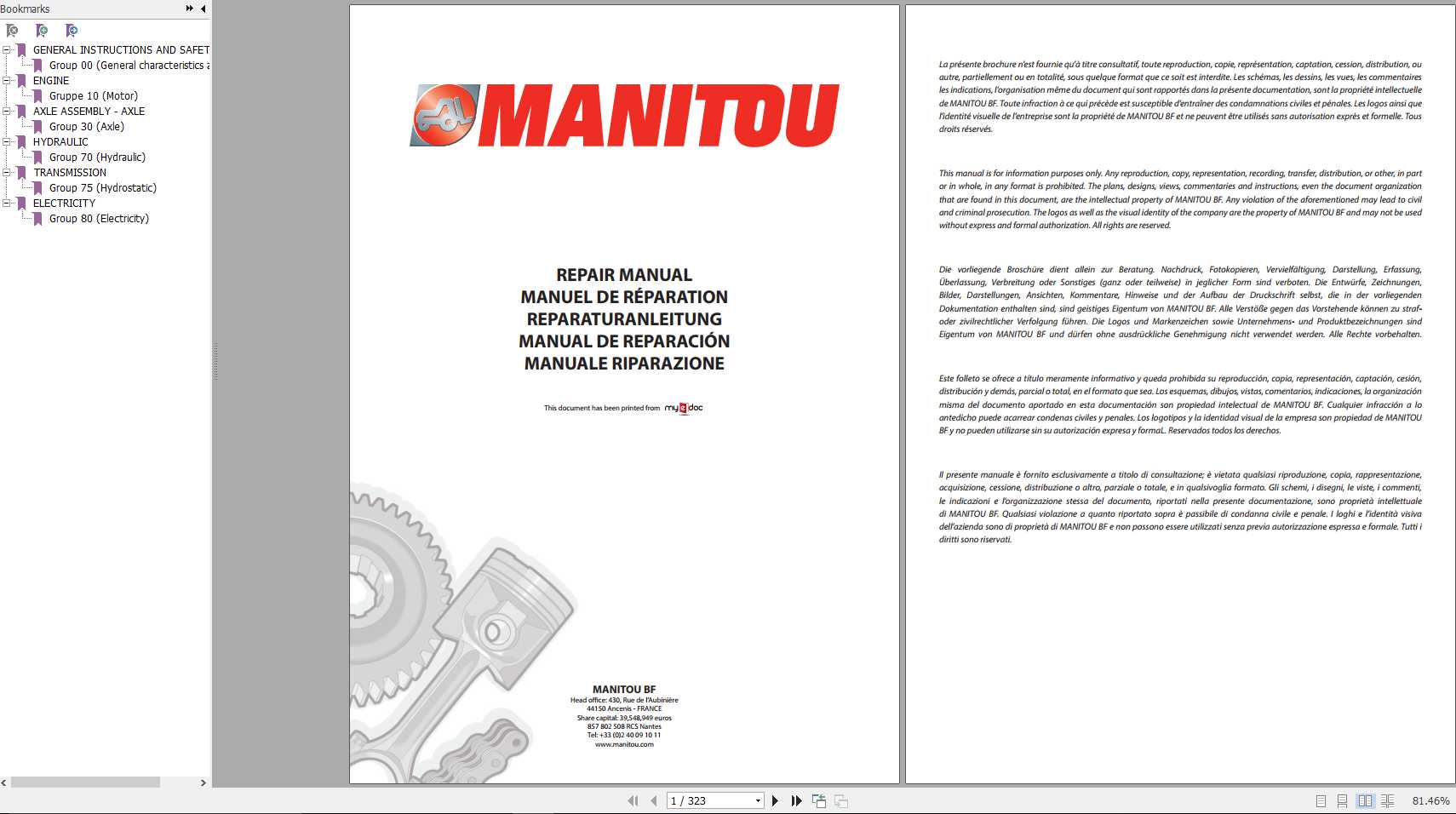 Manitou MLT742 H T LS MT1033 HLT S2E2 S3E2 Repair Manual 547946EN 1
