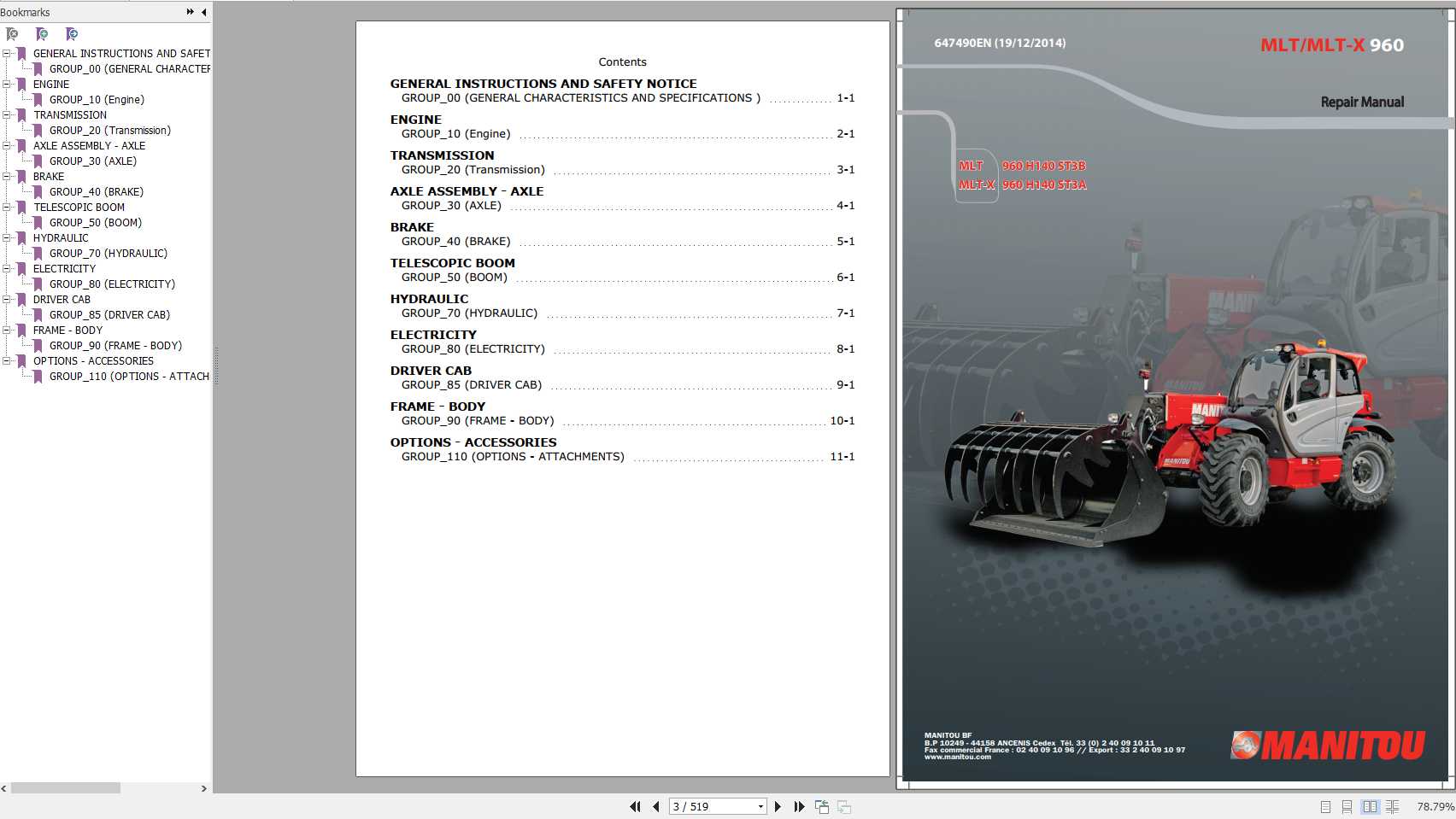 Manitou MLT960 H140 ST3B MLT X960 H140 ST3A Repair Manual 64490EN 1