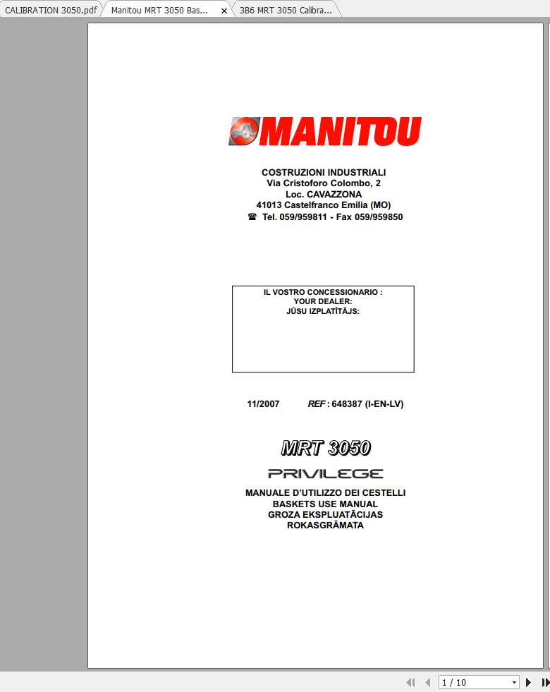 Manitou MRT 3050 3B6 CALIBRATION BASKET Operators Manual 1