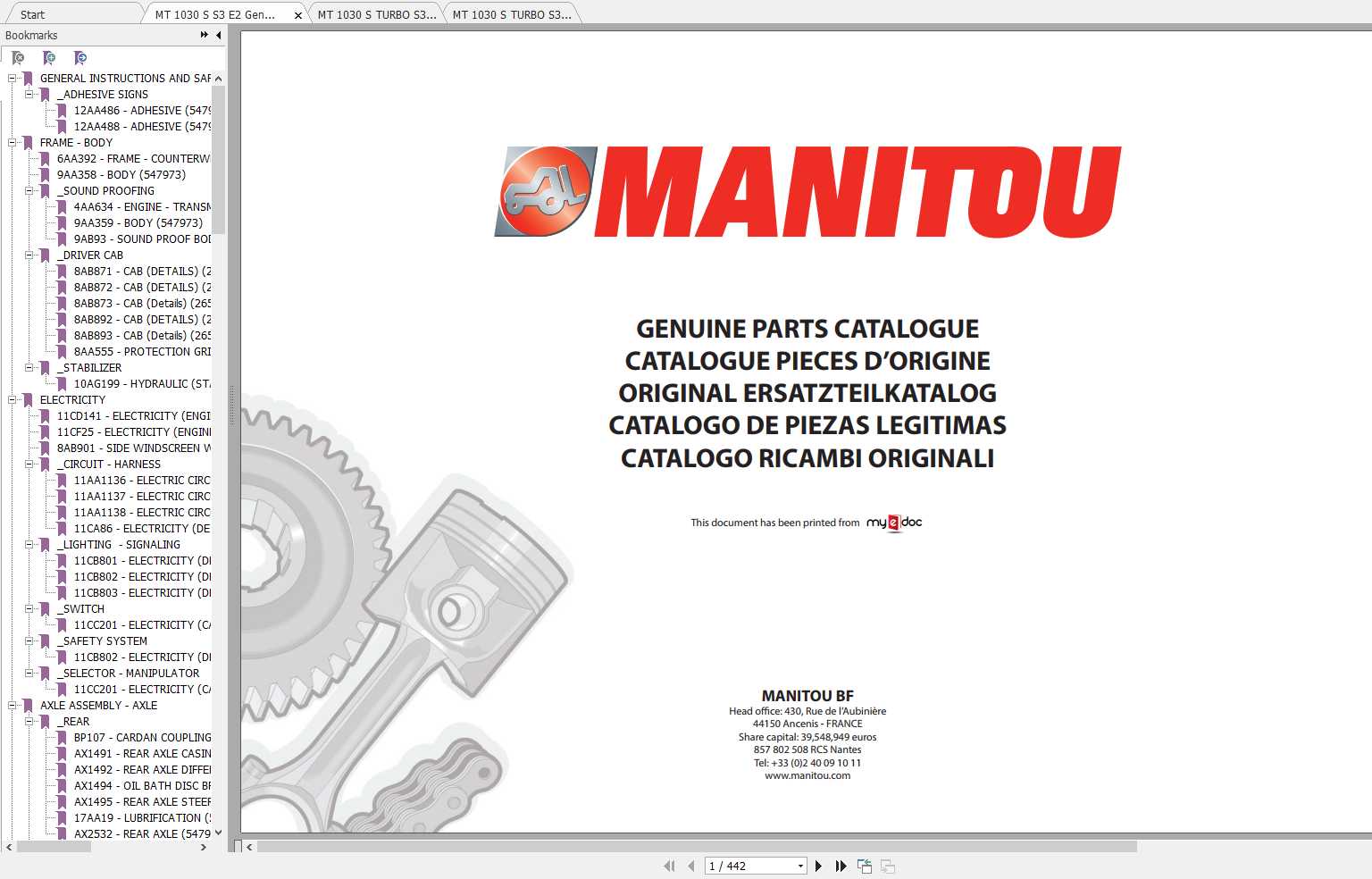 Manitou MT 1030 S TURBO S3 E2 Genuine Parts Catalogues 1