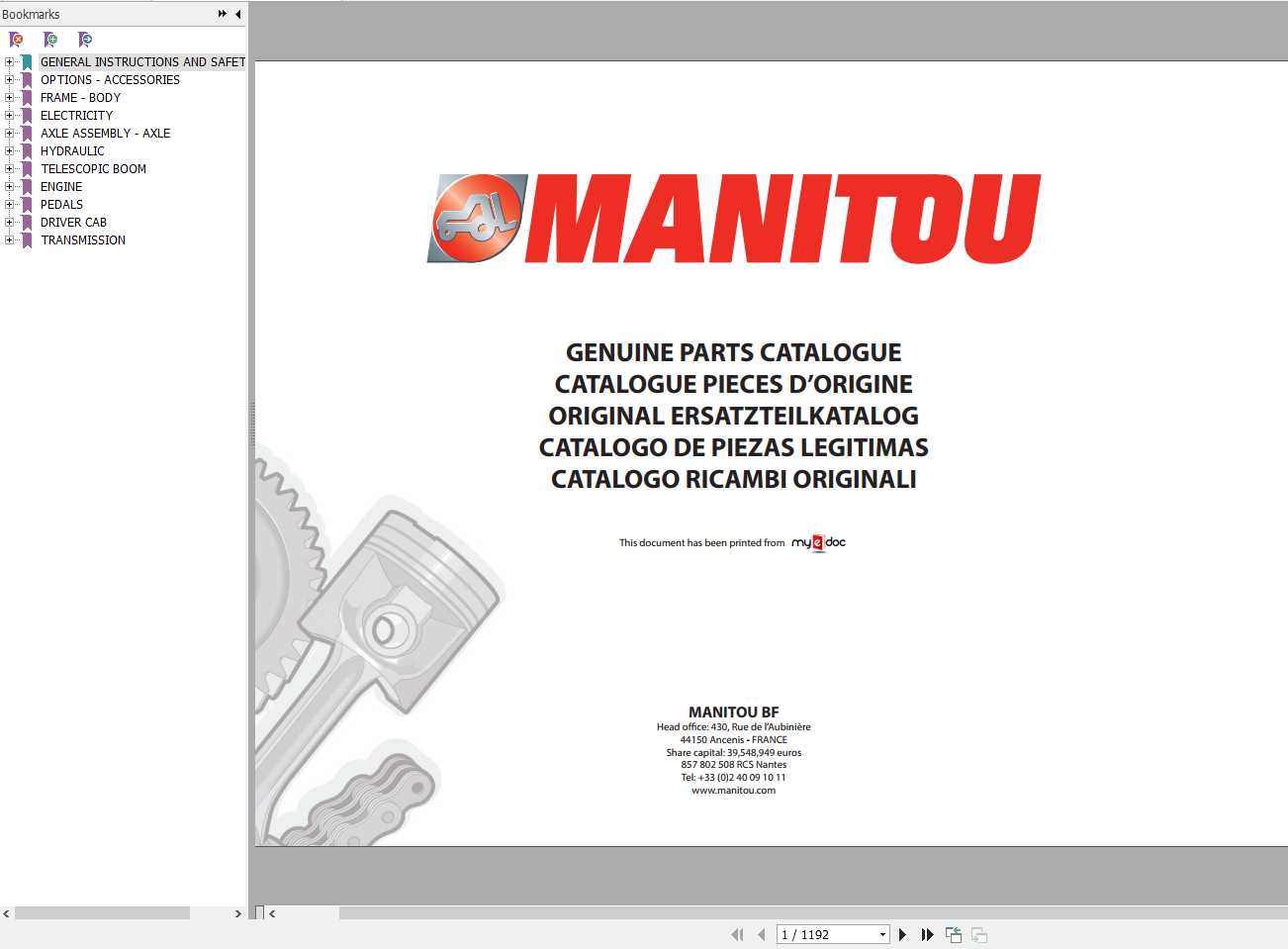 Manitou MT 1240 L TURBO MONO ULTRA Genuine Parts Catalogue 1
