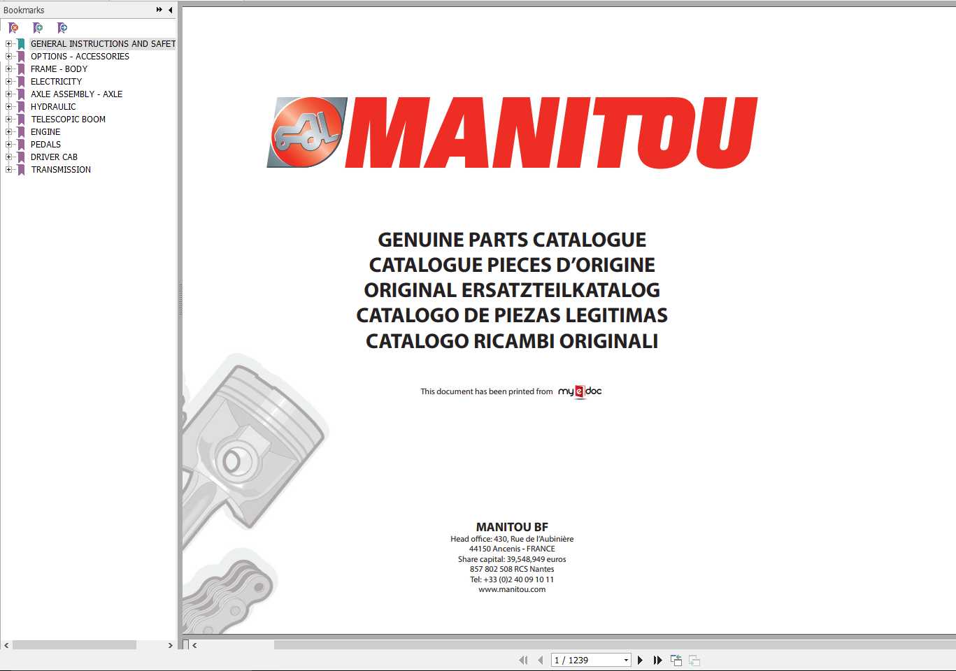 Manitou MT 1240 L TURBO MONO ULTRA S2 Genuine Parts Catalogue 1