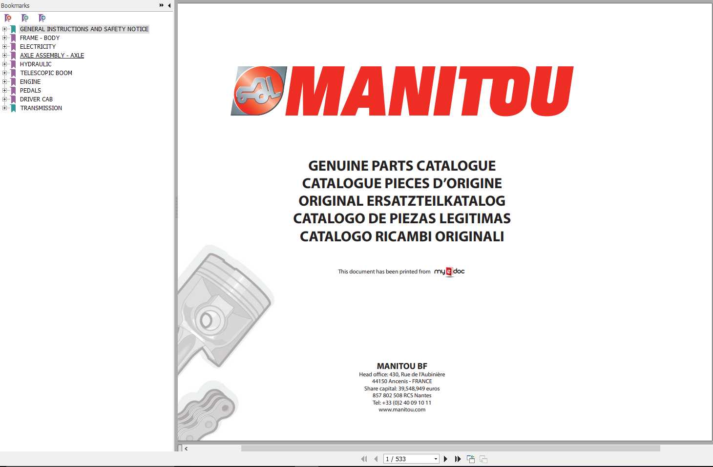 Manitou MT 1335 H SL TURBO ULTRA ORH RC S2 E2 Genuine Parts Catalogue 1