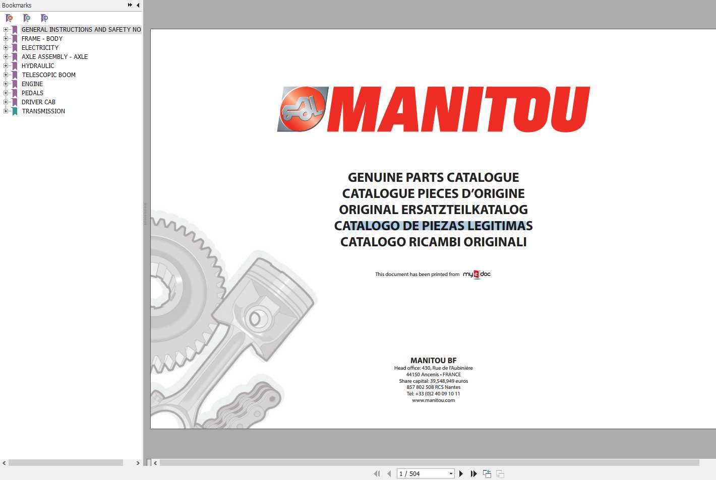 Manitou MT 1335 H SL TURBO ULTRA S2 E2 Genuine Parts Catalogue 1