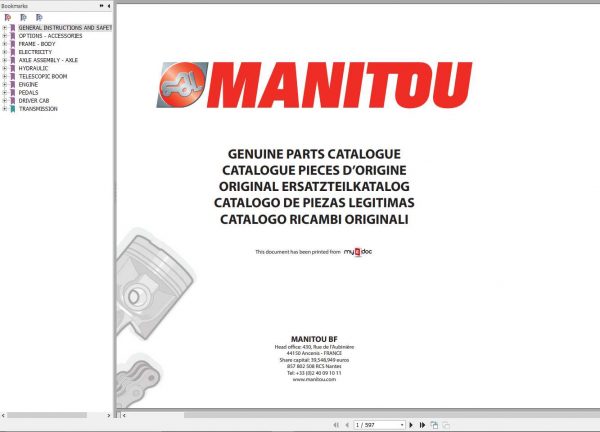 Manitou MT 1335 H ST3B from SN 909539 Genuine Parts Catalogue 1