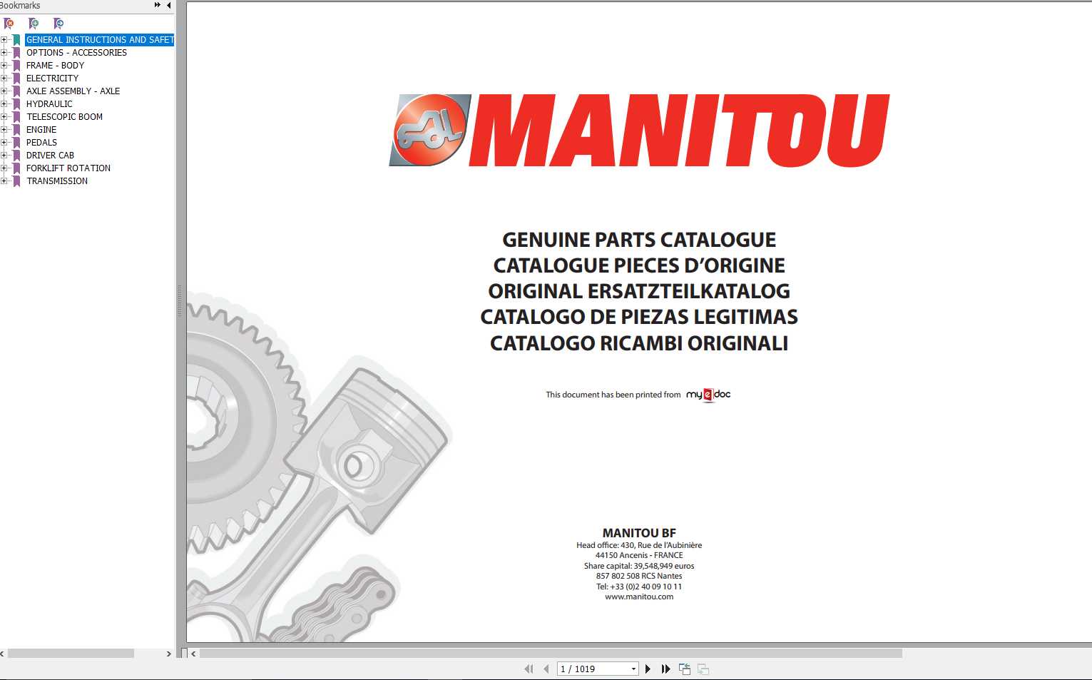 Manitou MT 1840 EP PRIVILEGE Genuine Parts Catalogue 1