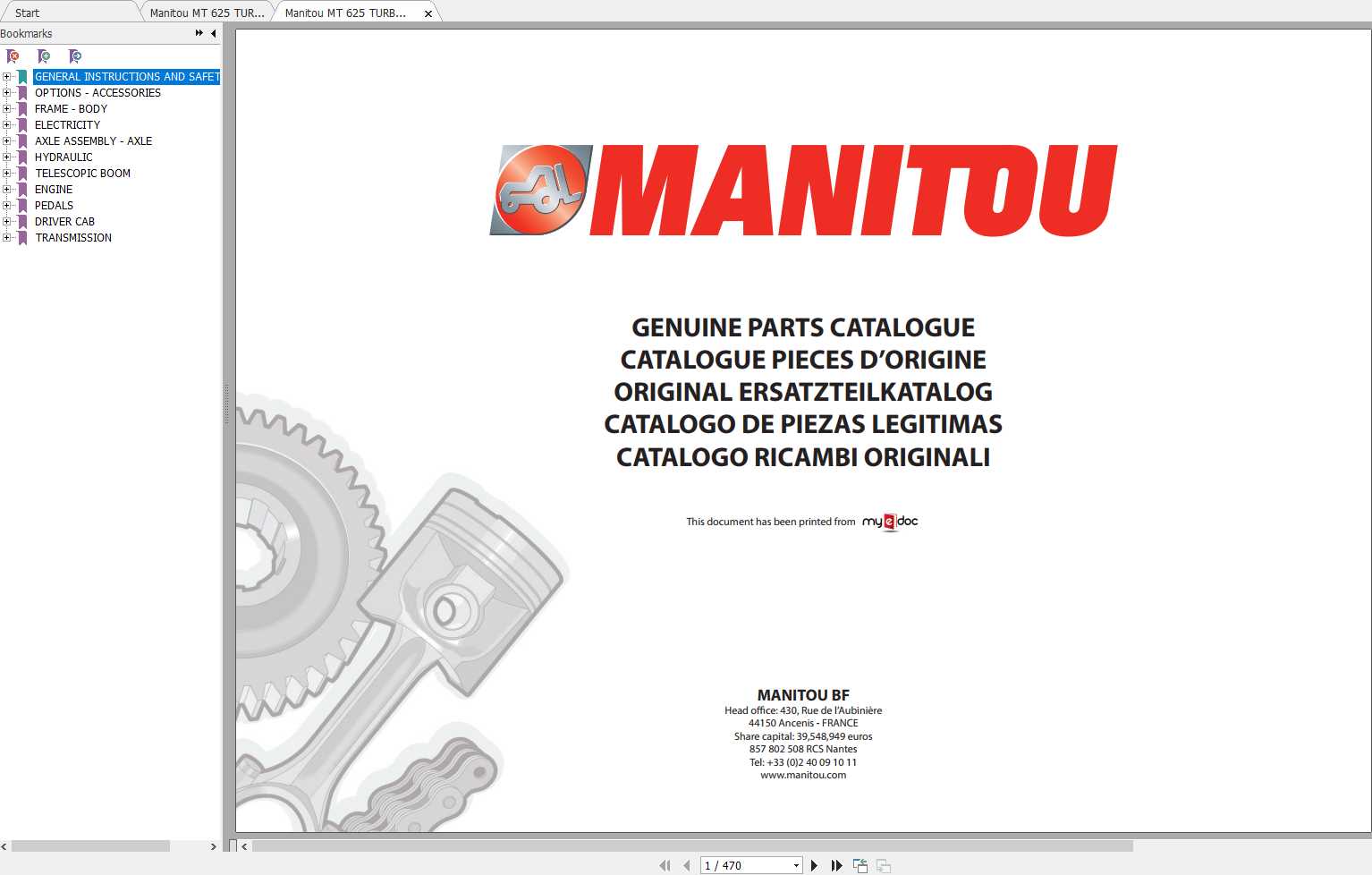 Manitou MT 625 TURBO S2 E3 Genuine Parts Catalogue 1