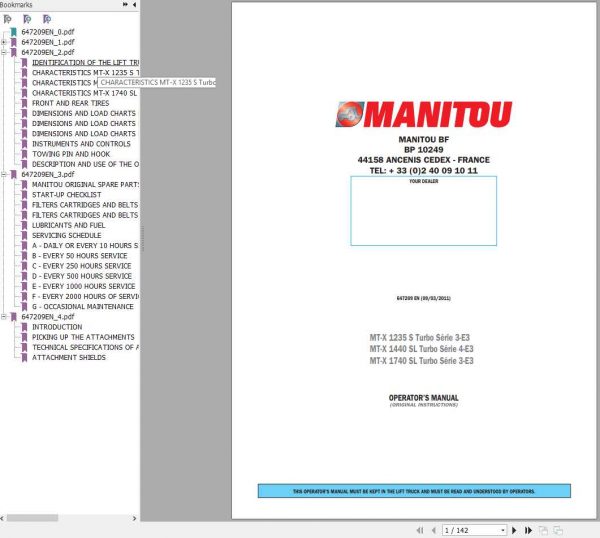 Manitou MT X 1235S 1740SL T S3 E3 MT X 1440SL T S4 E3 Operators Manual 647209EN 09 03 2011 1