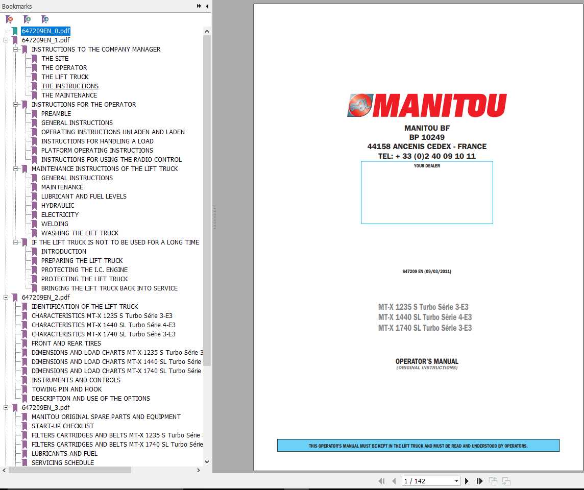 Manitou MT X 1235S T 1740SL T Serie 3 E3 MT X 1440 SL T Serie 4 E3 Operators Manual 647209EN 1