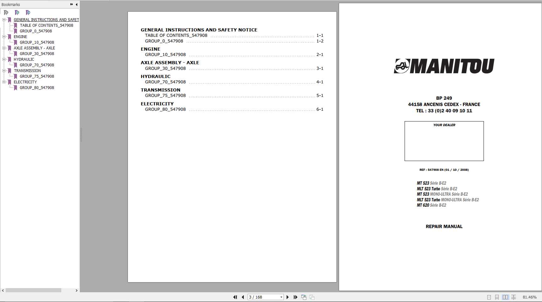 Manitou MT620 MT523 MLT523 Turbo Mono Ultra Series B E2 Repair Manual 547908EN 1