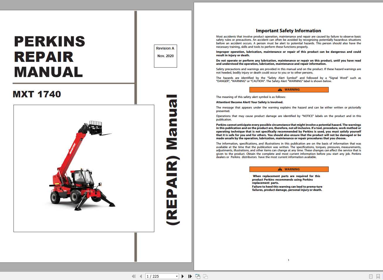 Manitou MXT 840 1740 Perkins Engine 1104D 44T Repair Manual 53112661 11 2020 1
