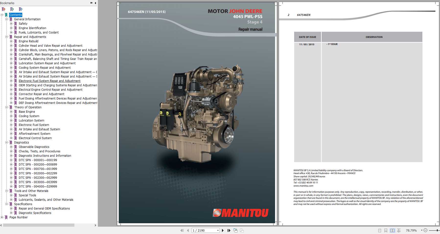 Manitou Motor John Deere 4045 PWL PSS Stage 4 Repair Manual 647546EN 1