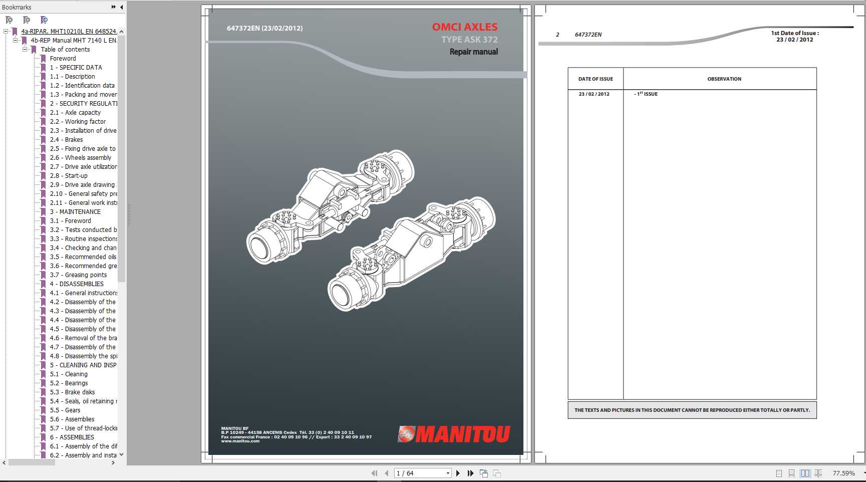 Manitou OMCI Axles Type AS 372 KR Repair Manual 647372EN 1