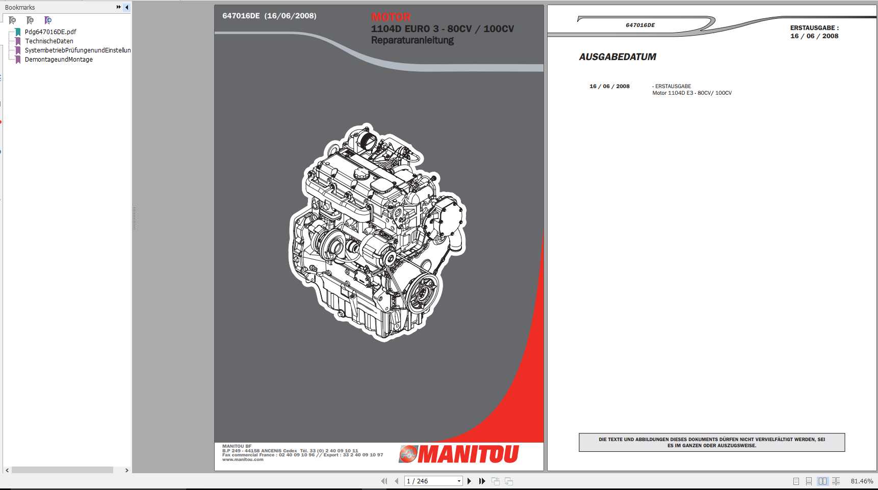 Manitou Perkins Engine 1104D Euro 3 80CV 100CV Repair Manual 647016DE 1