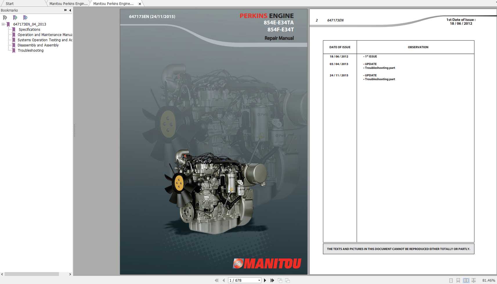 Manitou Perkins Engine 854E E34TA 854F E34T Repair Manual 647173EN 1