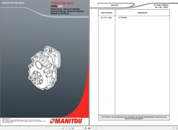 Manitou Transfer Box Type 357 Repair Manual 647379 1