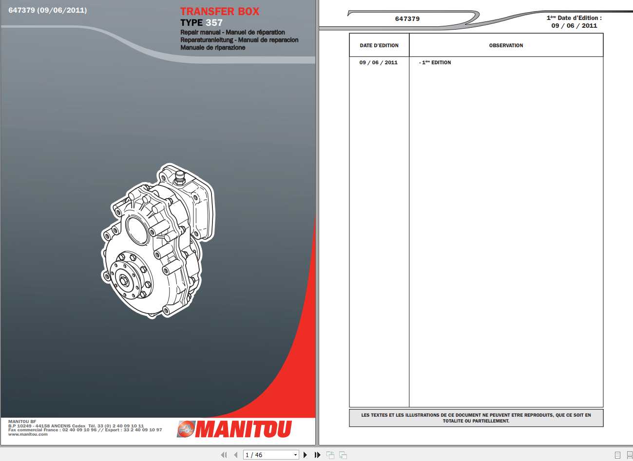 Manitou Transfer Box Type 357 Repair Manual 647379 1