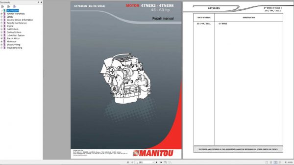 Manitou Yanmar Engine 4TNE92 4TNE98 45 63 hp Repair Manual 647106EN 1