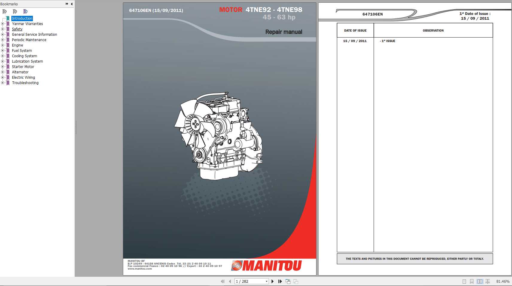 Manitou Yanmar Engine 4TNE92 4TNE98 45 63 hp Repair Manual 647106EN 1