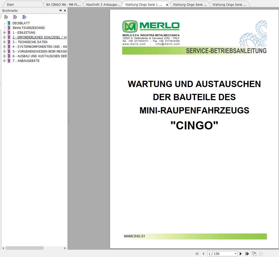 Merlo CINGO SERIE 1 Service Manual Maintenance Manual DE 1