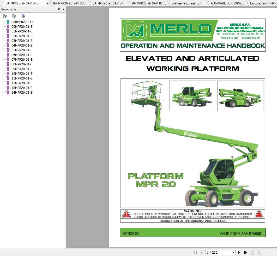 Merlo MPR20 2008 Service Manual Parts Manual Hydraulic Electrical Diagram DE 1