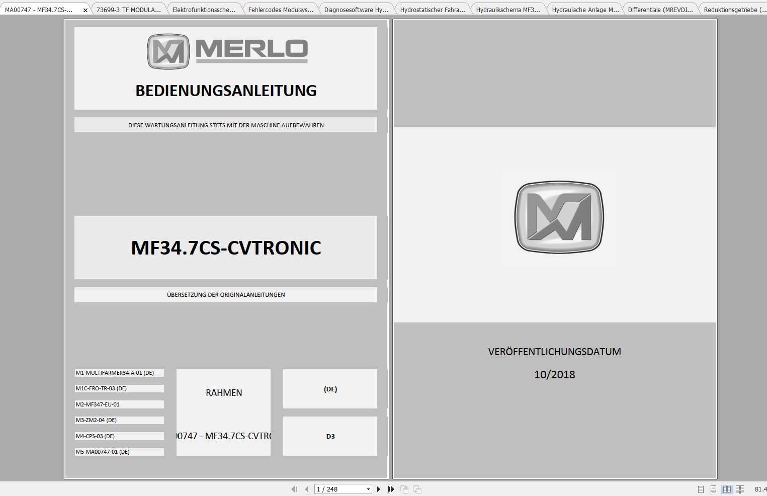 Merlo Multifarmer MF34.7 34.9 Service Manual Mechanic Manual Hydraulic Electrical Diagram DE 1