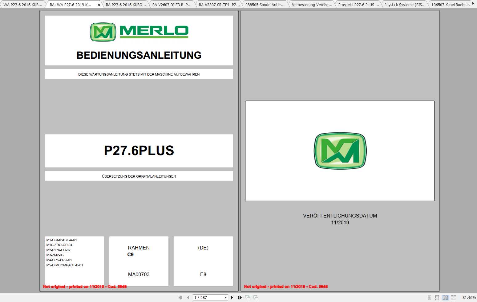 Merlo Panoramic P27.6 PLUS TOP Service Manual Mechanic Manual Hydraulic Electrical Diagram DE 1