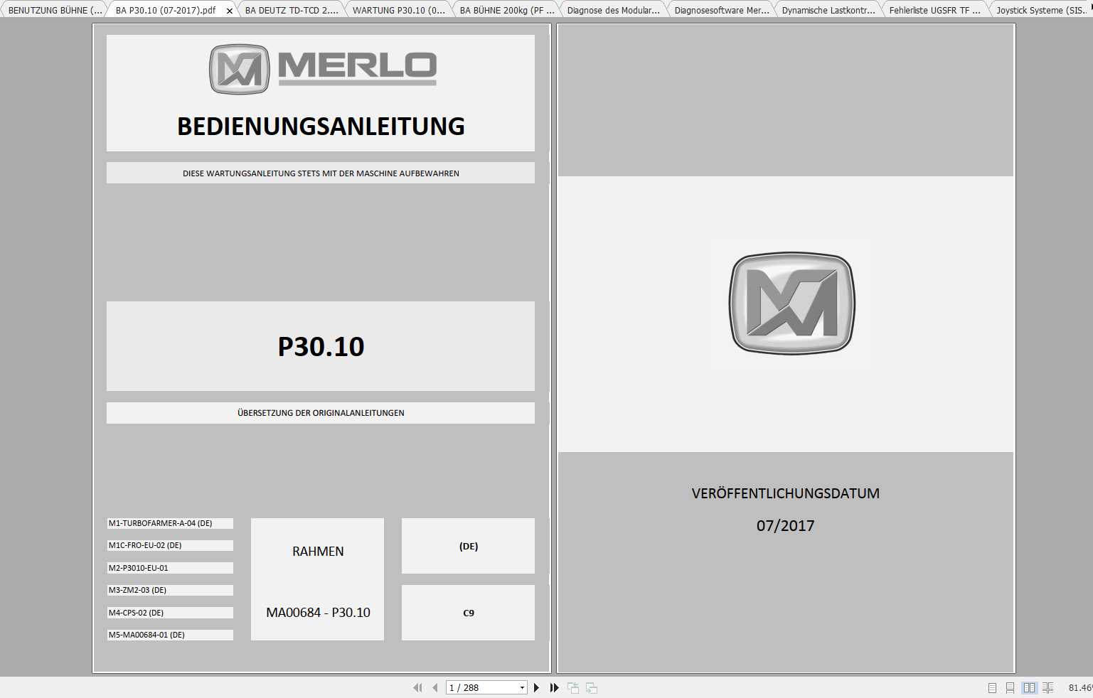 Merlo Panoramic P30.10 Service Manual Mechanic Manual Hydraulic Electrical Diagram DE 1