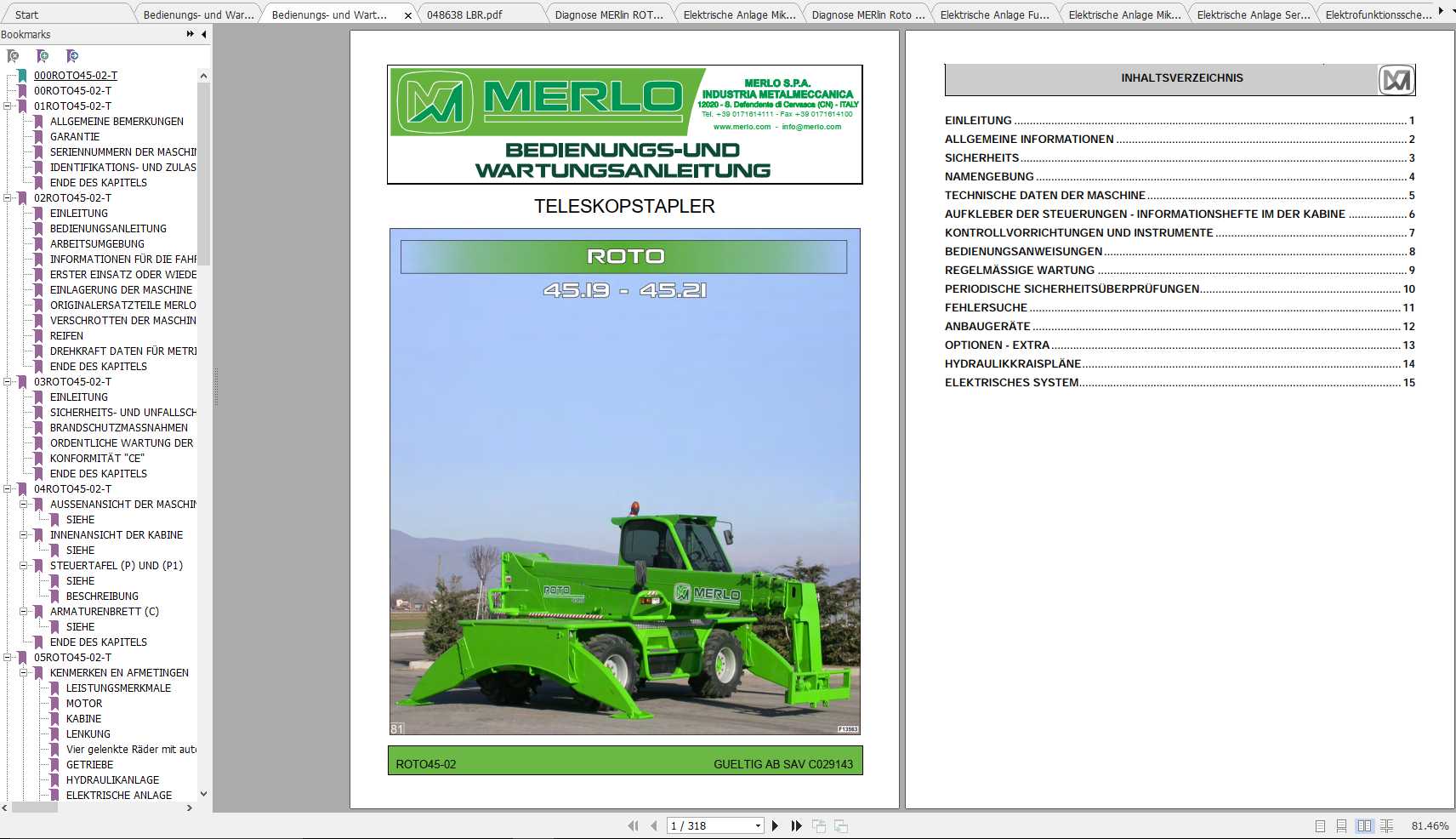 Merlo ROTO SM 600°R45.19 R45.21 Service Manual Mechanic Manual Hydraulic Electrical Diagram DE 1