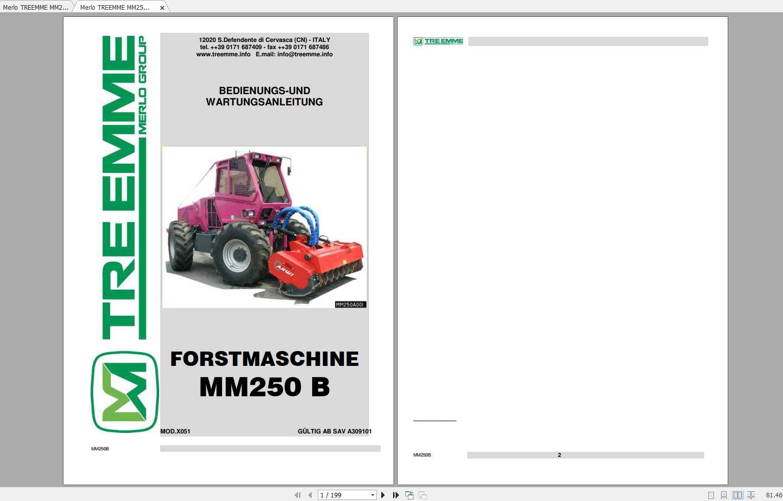 Merlo TREEMME MM250B Operating Maintenance Manual Parts Manual DE 1
