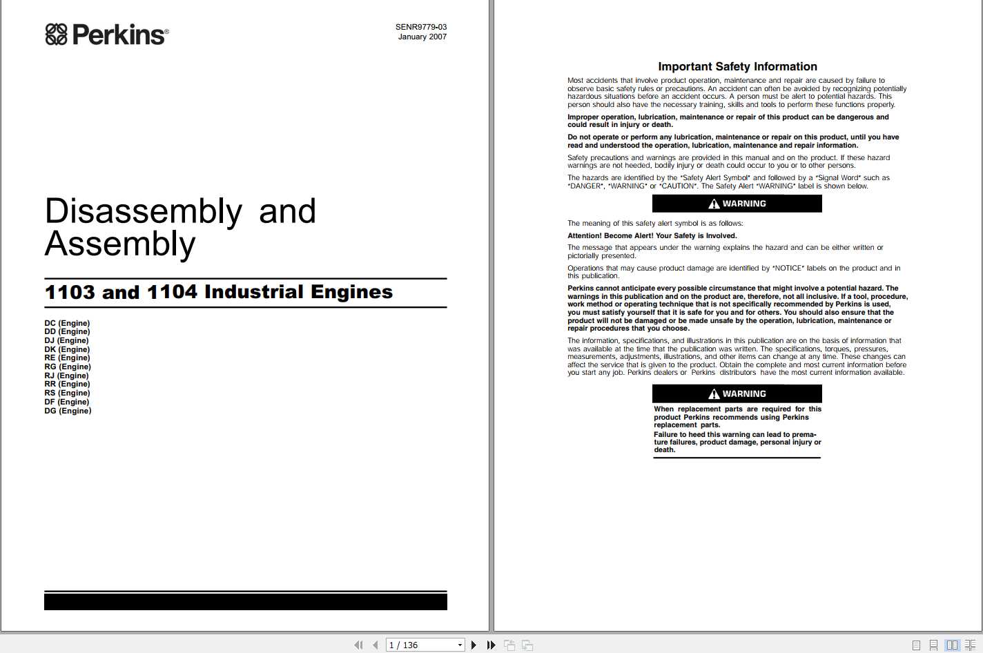 Perkins 1103 1104 Industrial Engines Disassembly Assembly Manual SENR9779 03 1
