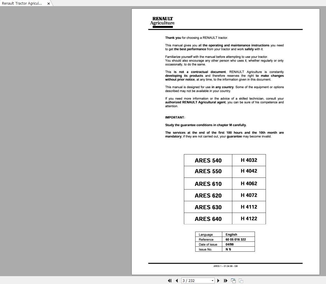 Renault Tractor Agriculture ARES540550610620630640 User and Maintenance Manual EN 1