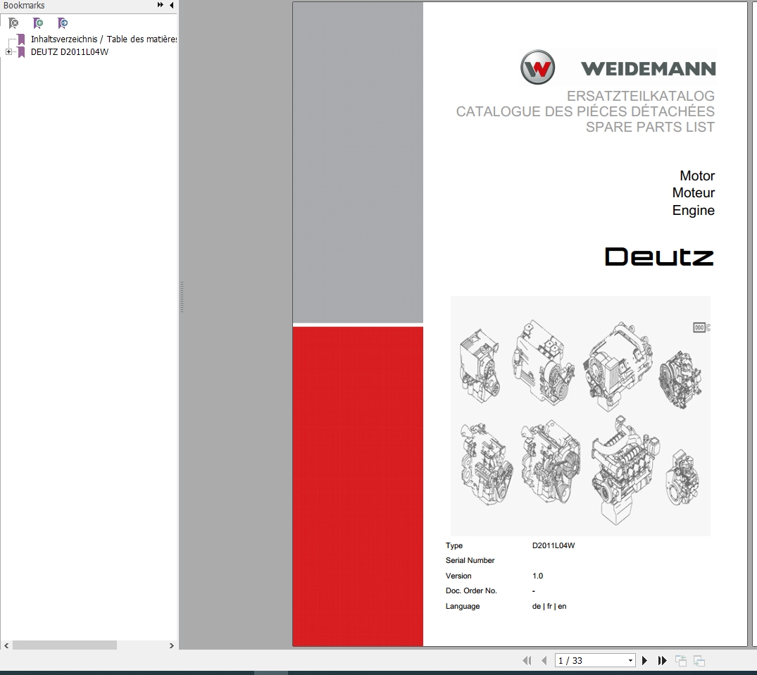 Weidemann Engine Deutz D2011L04W 1.0 Spare Parts List DEFREN 1