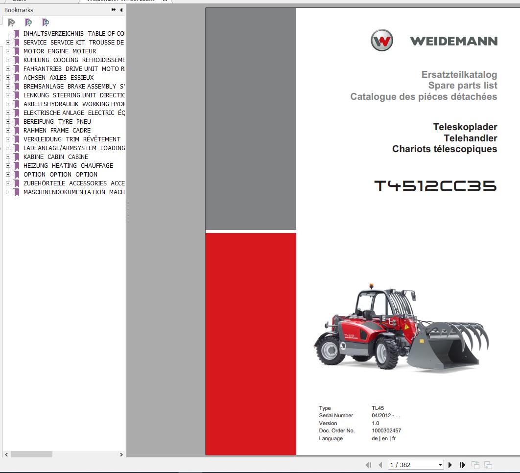 Weidemann Telehandler T4512CC35 TL45 1.0 Spare Parts List DEFREN 1