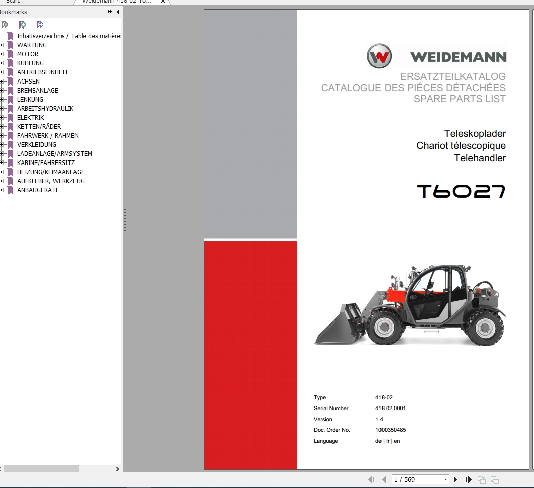 Weidemann Telehandler T6027 418 02 1.4 Spare Parts List DEFREN 1