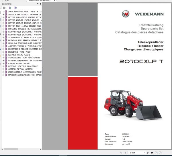 Weidemann Telescopic Loader 2070CXLPT 2070CX 1.0 Spare Parts List DEFREN 1