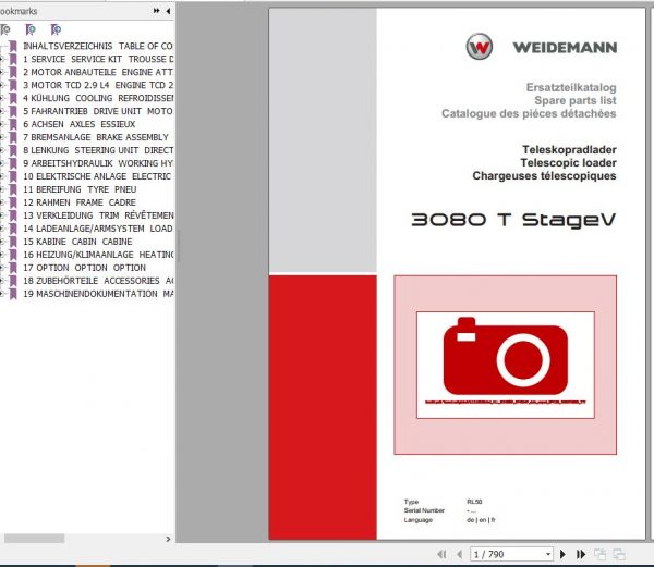 Weidemann Telescopic Loader 3080 T StageV RL50 Spare Parts List ENDEFR 1