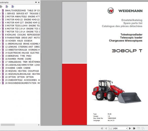Weidemann Telescopic Loader 3080LP T RL50 1.0 Spare Parts List ENDEFR 1