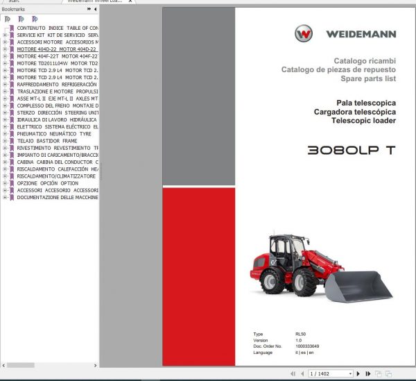 Weidemann Telescopic Loader 3080LPT RL50 1.0 Spare Parts List ITESEN 2019 1
