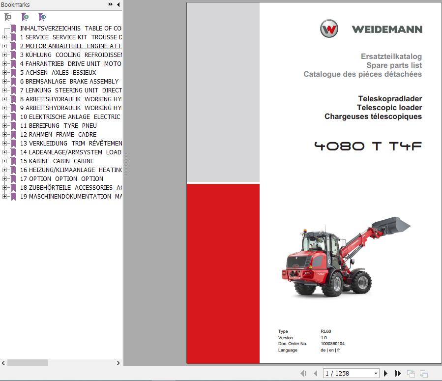 Weidemann Telescopic Loader 4080 T T4F RL60 1.0 Spare Parts List ENDEFR 1