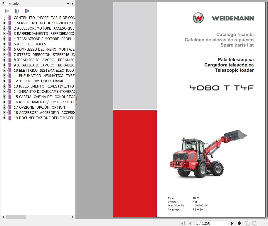 Weidemann Telescopic Loader 4080 T T4F RL60 1.0 Spare Parts List ENITES 1