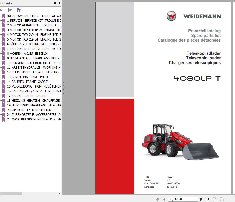 Weidemann Telescopic Loader 4080LP T RL60 1.0 Spare Parts List ENDEFR 1