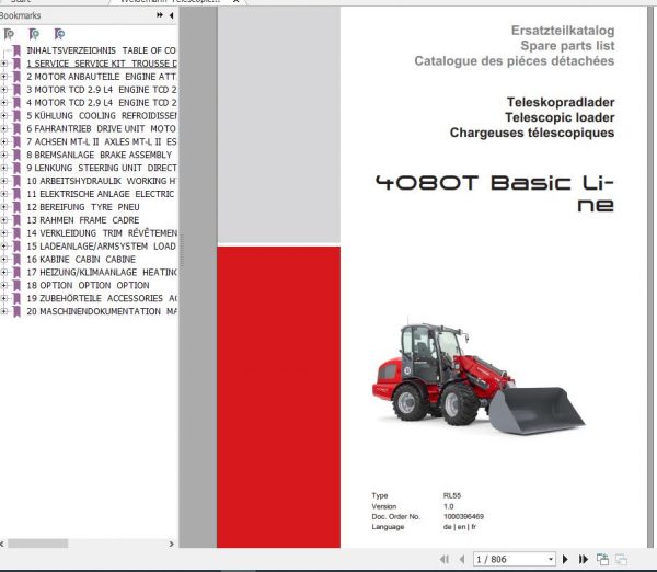 Weidemann Telescopic Loader 4080T Basic Line 1.0 RL55 Spare Parts List ENDEFR 1