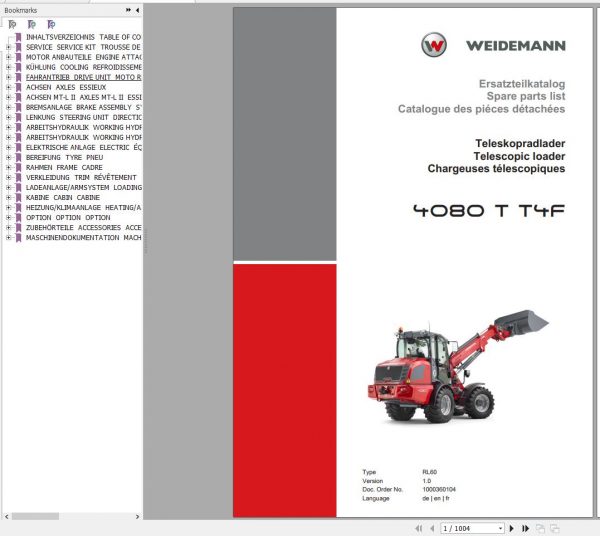 Weidemann Telescopic Loader 4080T T T4F RL60 1.0 Spare Parts List DEFREN 1